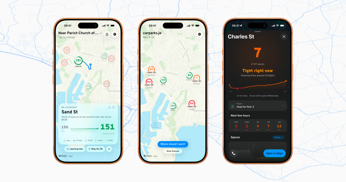 Three iPhones showing the carparks.je app