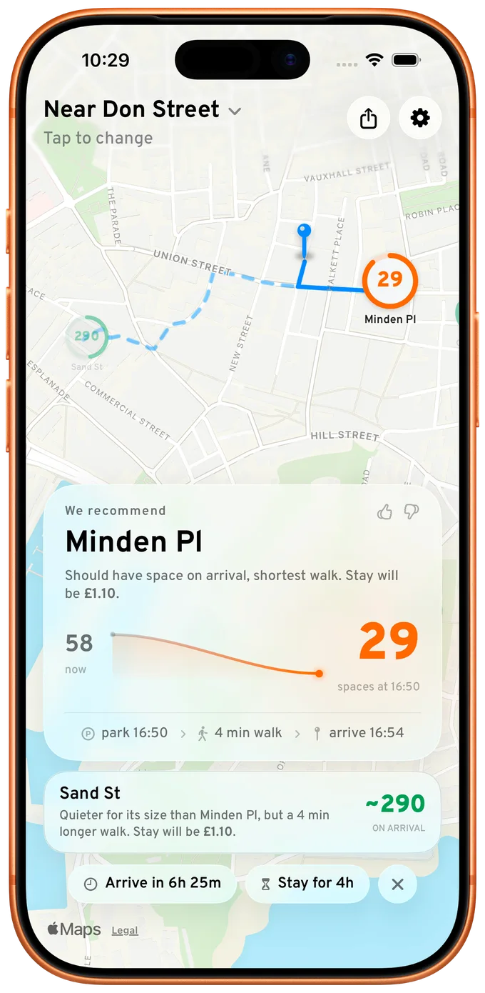 The carparks.je app recommending a car park